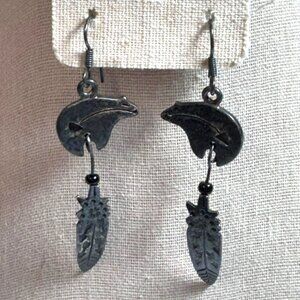 Vintage Sterling Silver Fetish Bear & Feather Dangle Earrings With Tribal Design